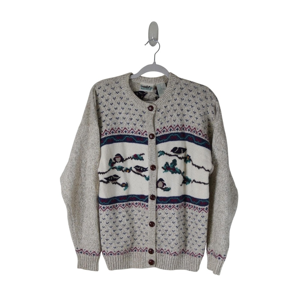 Northern Reflections Vintage Bird Cardigan Sweater Oatmeal Wool Blend Large 400